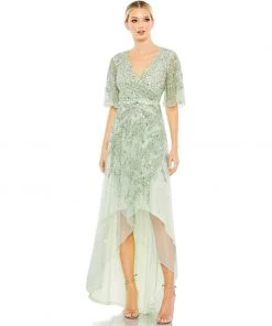 Mac Duggal Sequined Butterfly Sleeve High Low Gown