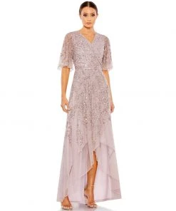 Mac Duggal Sequined Butterfly Sleeve High Low Gown