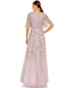 Mac Duggal Sequined Butterfly Sleeve High Low Gown