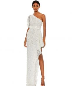 Mac Duggal Asymmetric Beaded One Shoulder Gown