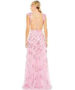 Mac Duggal Shop For Floral Embellished Lace Up Flowy Gown