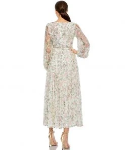 Mac Duggal Shop For Embellished Floral Print Faux Wrap A Line Dress