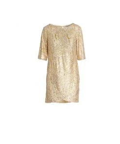 Ieena For Mac Duggal Metallic Sequined Short Sleeve Shift Dress