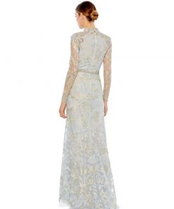 Mac Duggal Long Sleeve Applique V-Neck Gown