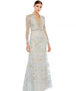 Mac Duggal Long Sleeve Applique V-Neck Gown